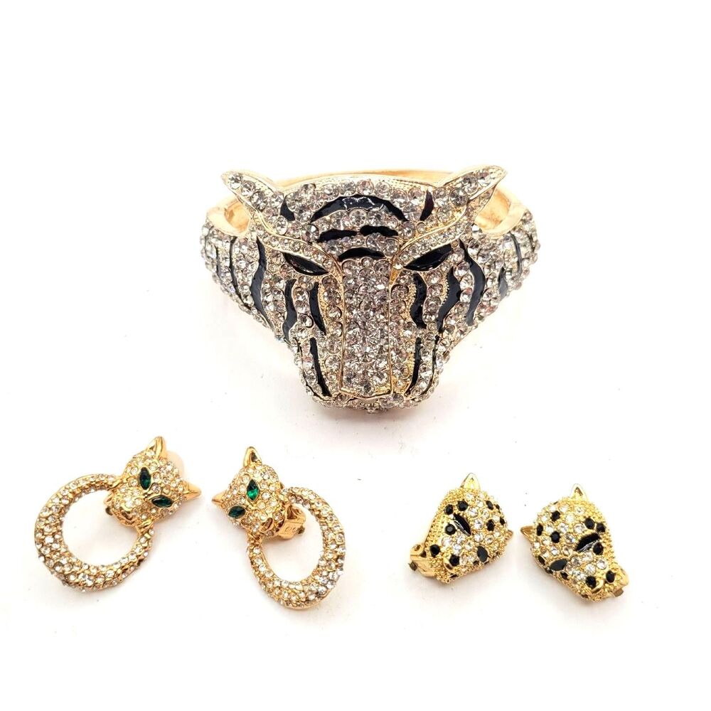 Natasha Couture Gold Tone Rhinestone Big Cats Statement Jewelry Lot